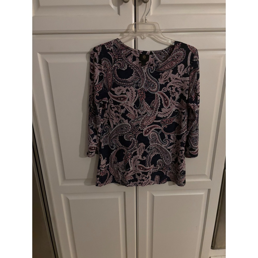 JM Collection Womens Paisley 3/4 Sleeve Quilted Texture Scoop Neck Top Navy Pink